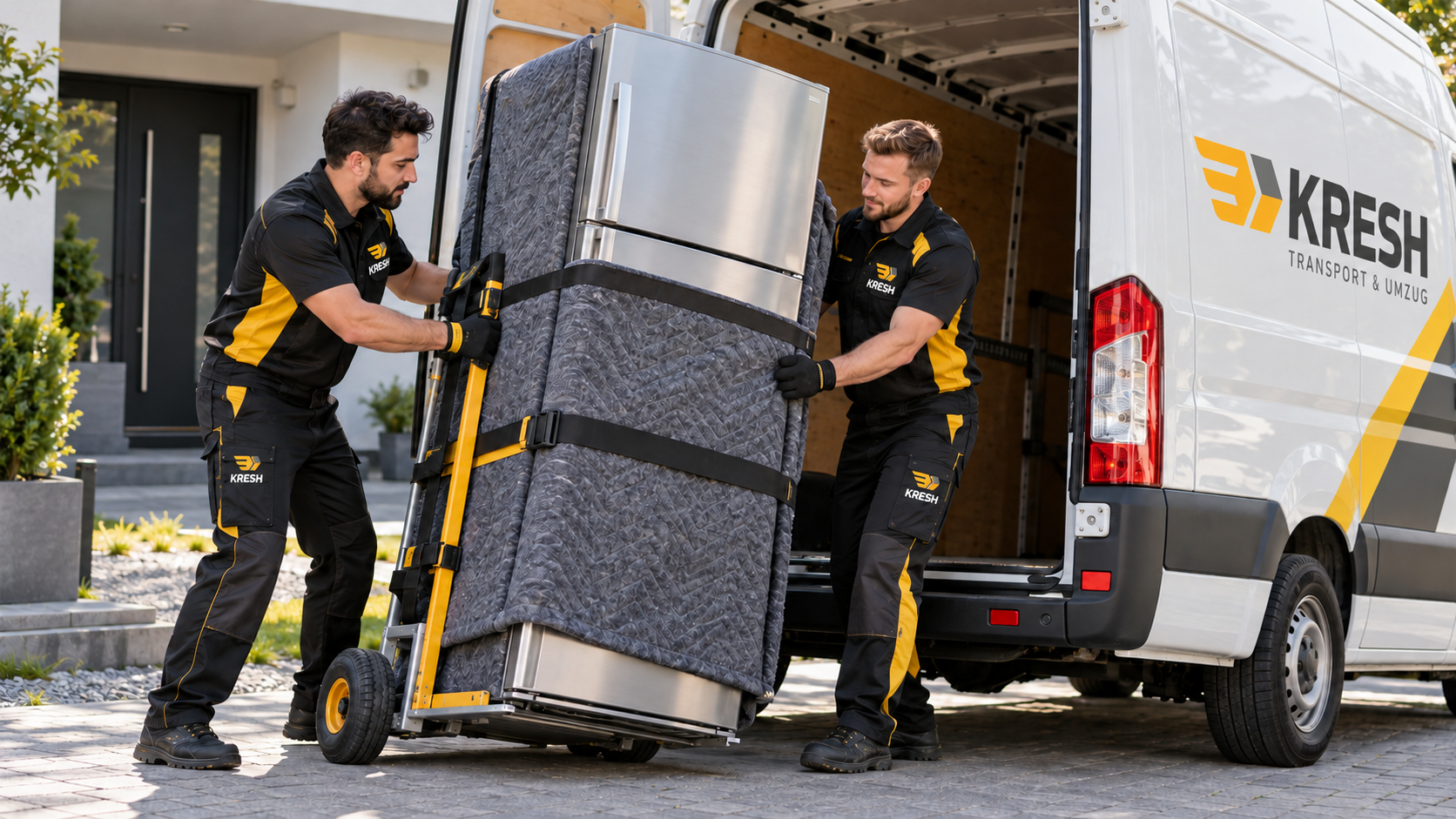 Inszenierte Darstellung: Zwei Kresh-Mitarbeiter transportieren einen geschützten Kühlschrank.