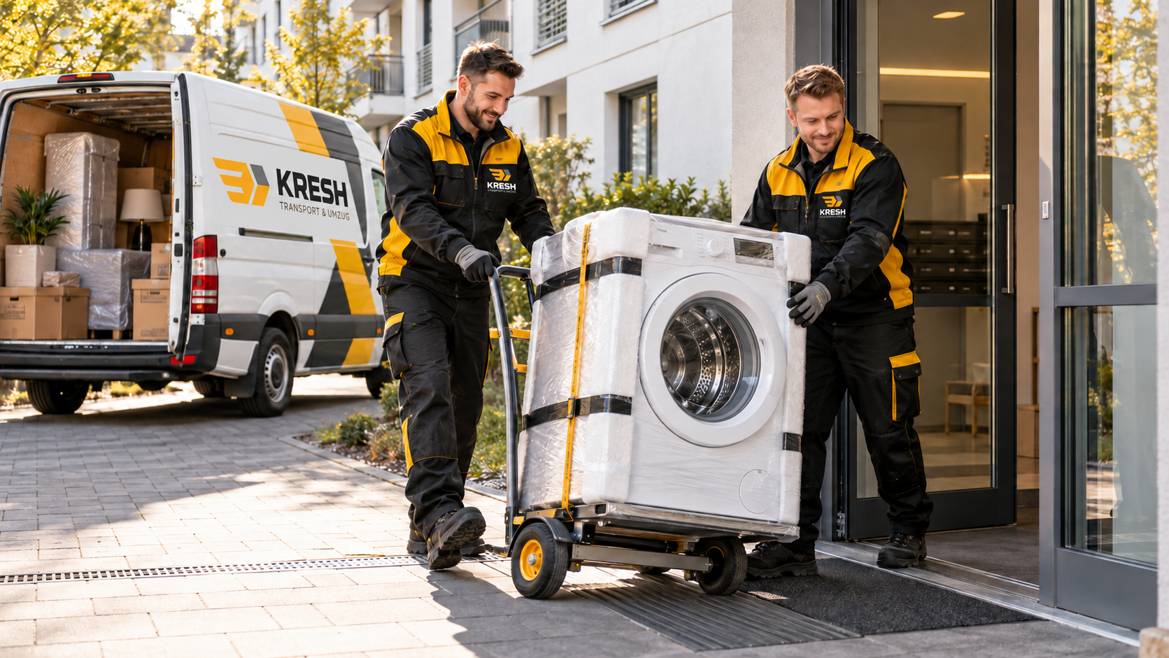 Inszenierte Darstellung: Zwei Kresh-Mitarbeiter liefern eine geschützte Waschmaschine.